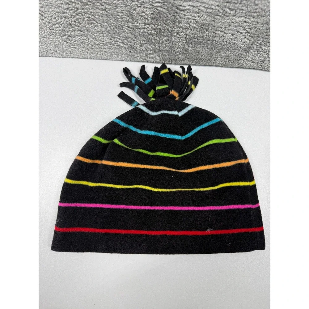 Old Navy Fleece Beanie Hat Black Rainbow Striped Fringed Snowflake Pom Pom